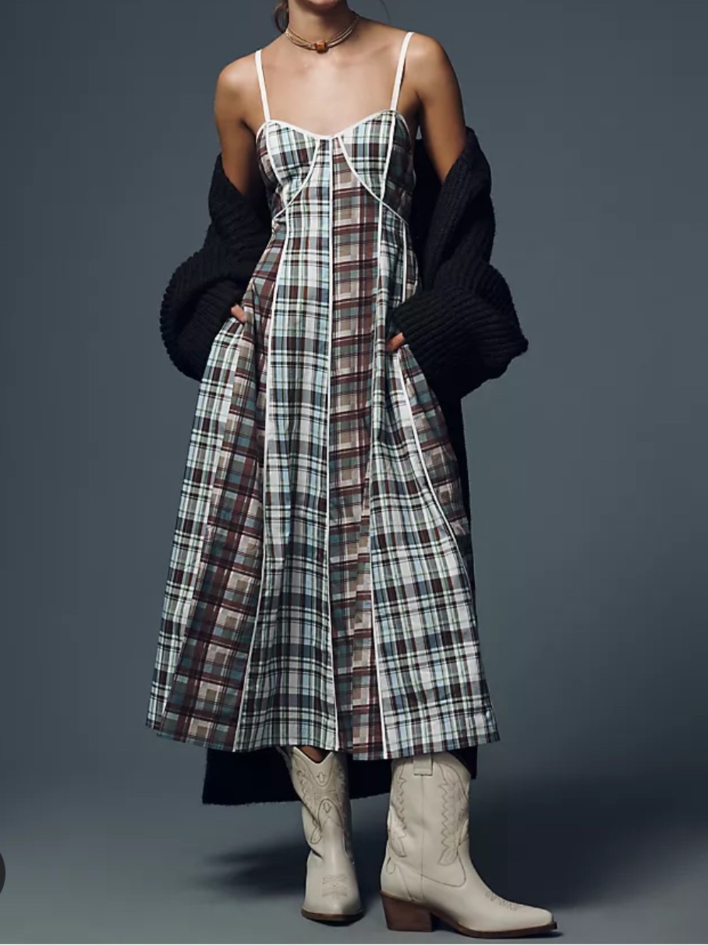 Plaid Maxi Slip Dress in Blue, Brown and Cream